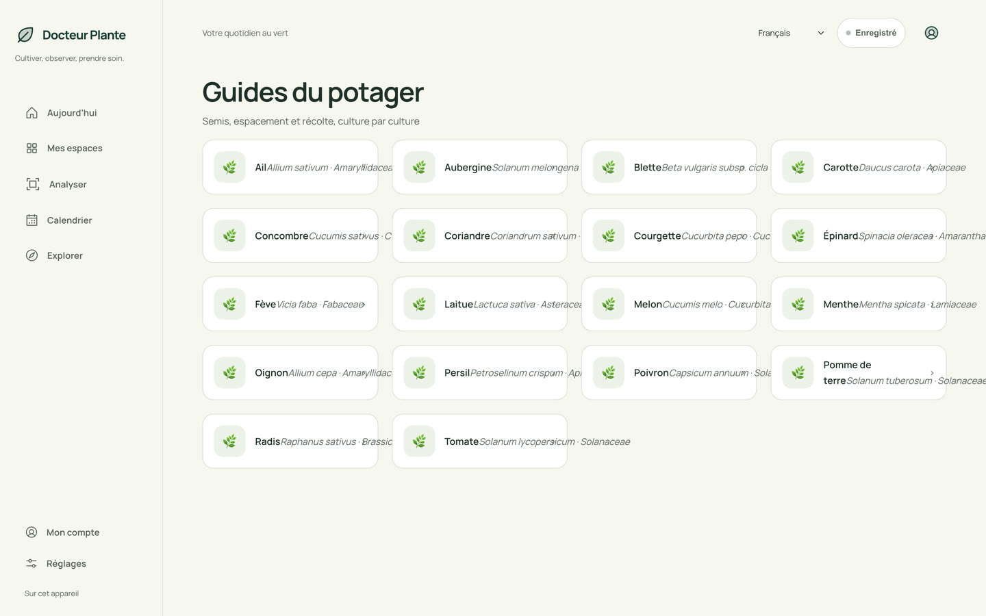 Docteur Plante showing its kitchen-garden guides, one card per crop