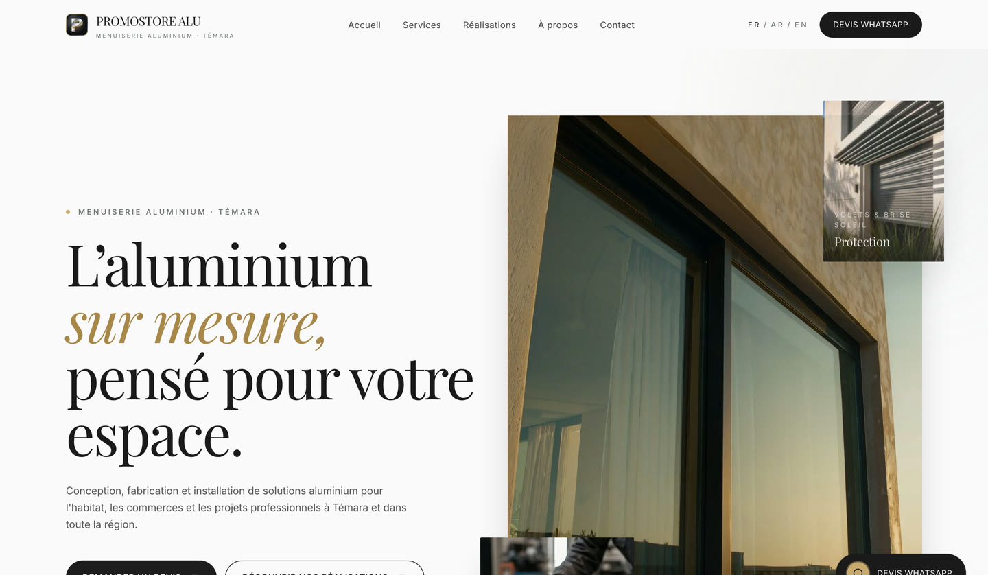 PromoStore Alu homepage showing custom aluminium glazing on a contemporary villa